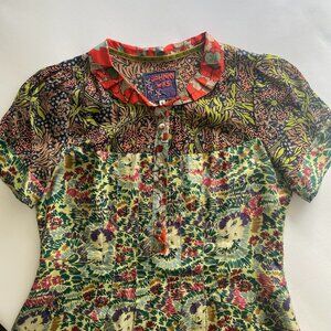 Johnny Was Mixed Floral Print Button Front Tiered Midi Dress 100% Silk Size S
